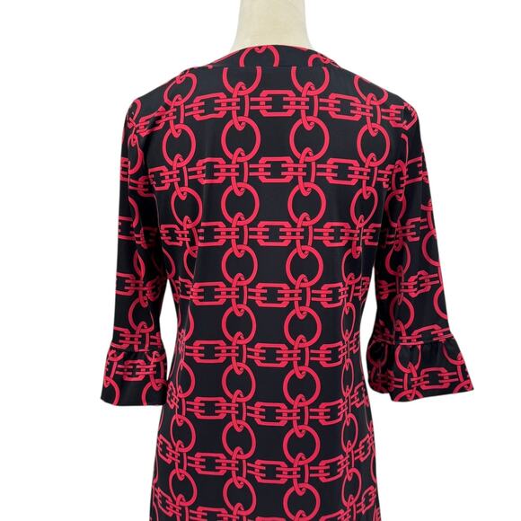 Aryeh Black & Red Geometric Chain Print 3/4 Flounce Sleeve Mini Shift Dress - Picture 9 of 12